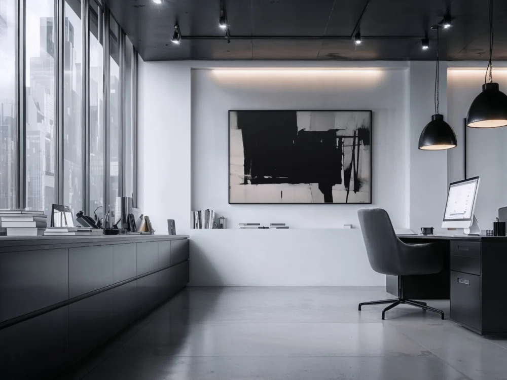 Modern minimalist office reception desk with sleek design and clean lines.