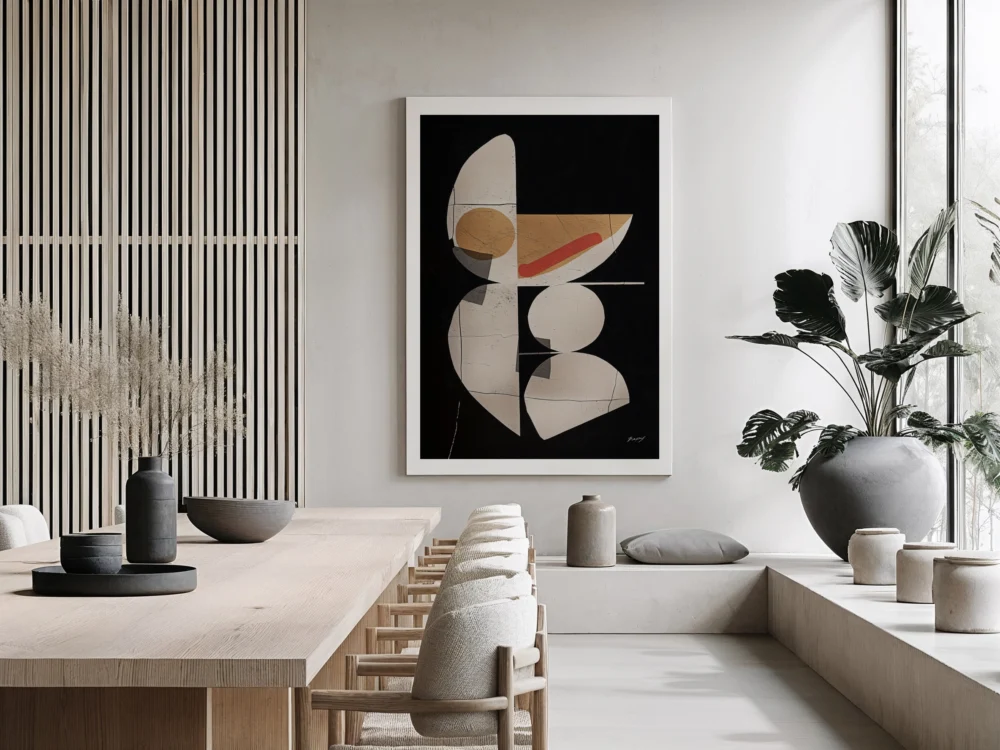 Mid-century modern art displayed in a stylish contemporary living room.