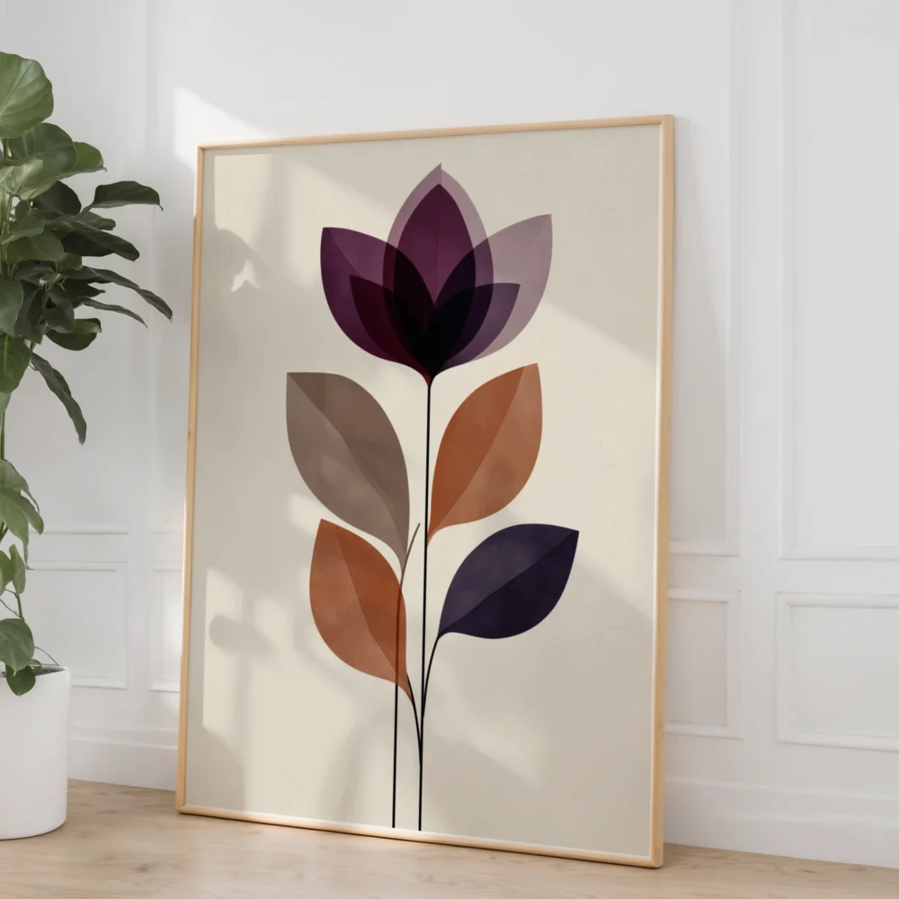 Large framed abstract flower art print with layered purple and brown shapes, leaning on a light wooden floor against a white wall in a minimalist bedroom with a green plant.