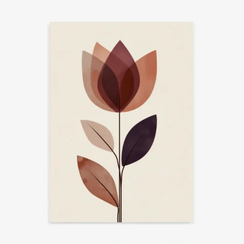 Abstract art print featuring a stylized flower with translucent layers in shades of reddish-brown, orange, and deep purple, on a light neutral background, depicting organic forms.
