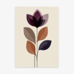 Minimalist abstract art print featuring a stylized flower with translucent, overlapping petals in shades of deep purple, brown, and orange, on a light beige background.