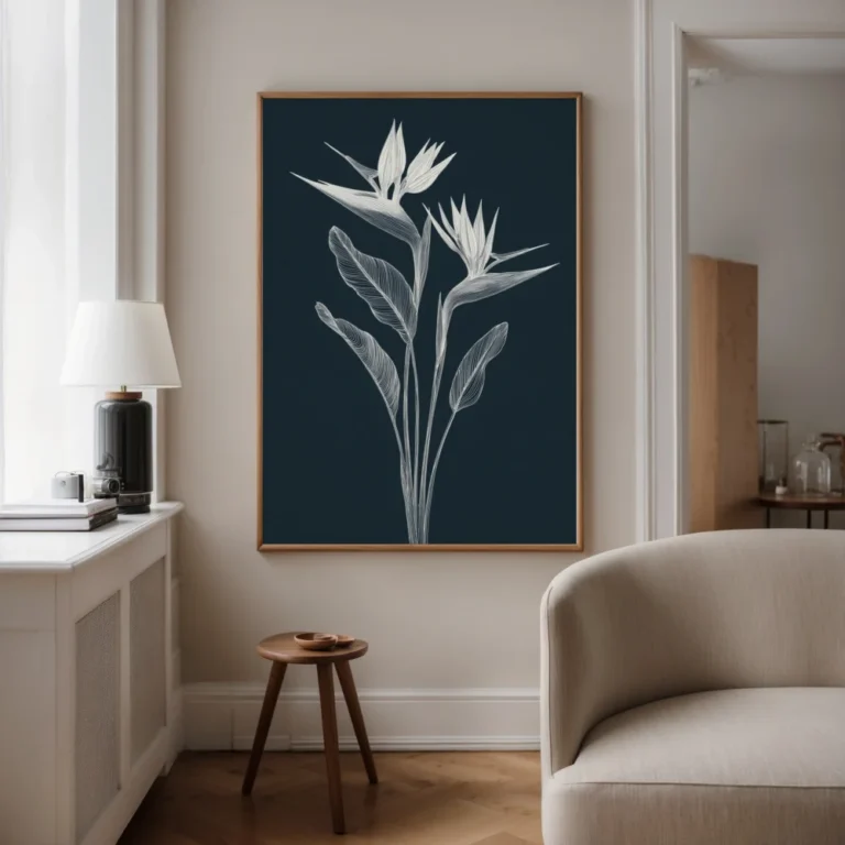 Framed white line art print of Bird of Paradise flowers on a dark navy background, elegantly displayed on a neutral wall next to a light-colored armchair and a side table with a lamp, in a classic-styled room.