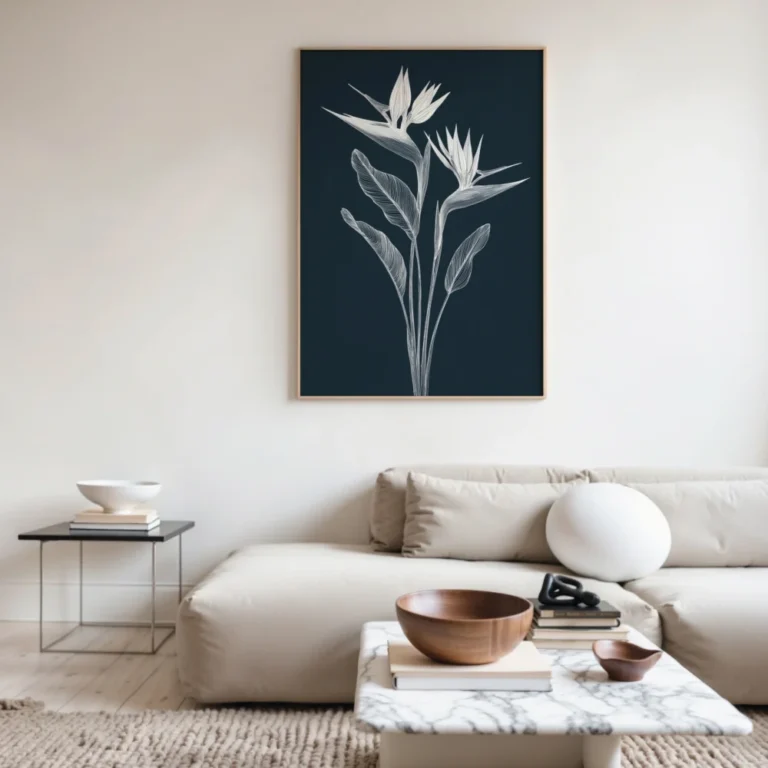 Framed white line art print of Bird of Paradise flowers on a dark navy background, hung above a light grey modular sofa with a marble coffee table in a modern living room.
