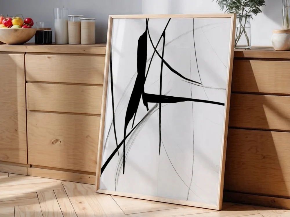 Abstract black and white geometric line art with flowing curved patterns.
