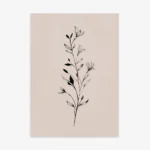 Minimalist black and white line art drawing of a delicate botanical sprig with leaves and small buds, set against a soft, light blush pink background.