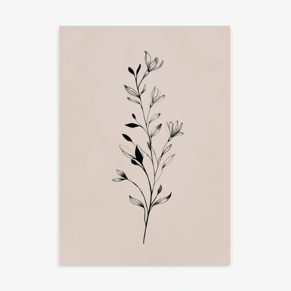Minimalist black and white line art drawing of a delicate botanical sprig with leaves and small buds, set against a soft, light blush pink background.