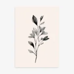 Minimalist black and white line art drawing of a delicate botanical branch with several leaves and buds, featuring fine line shading and some solid black filled leaves, on a light neutral background.