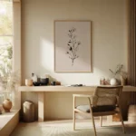 Framed black and white botanical sprig art print on a blush background, placed on a light wooden dressing table or console with a chair and decor.