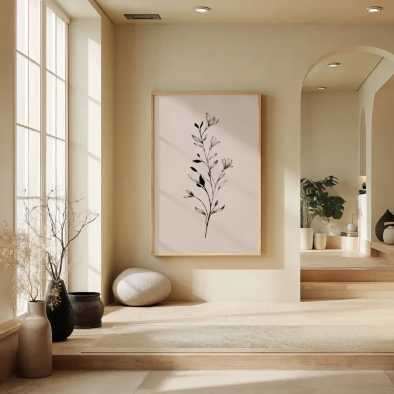 Framed black and white botanical sprig art print on a blush background, displayed on a light wall in a minimalist hallway or entrance with steps and natural decorative elements.