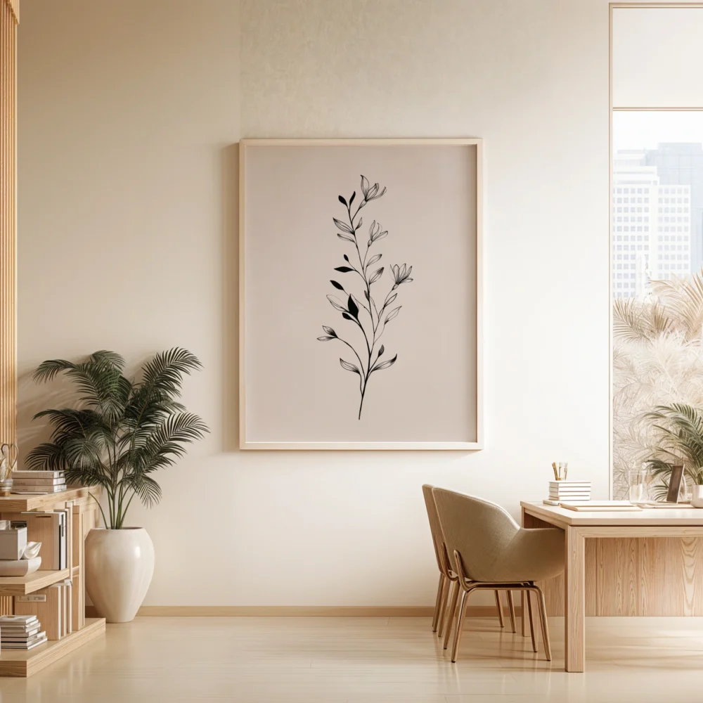 Framed black and white botanical sprig art print on a blush background, hung on a light wall above a wooden desk and chair in a bright, minimalist home office.