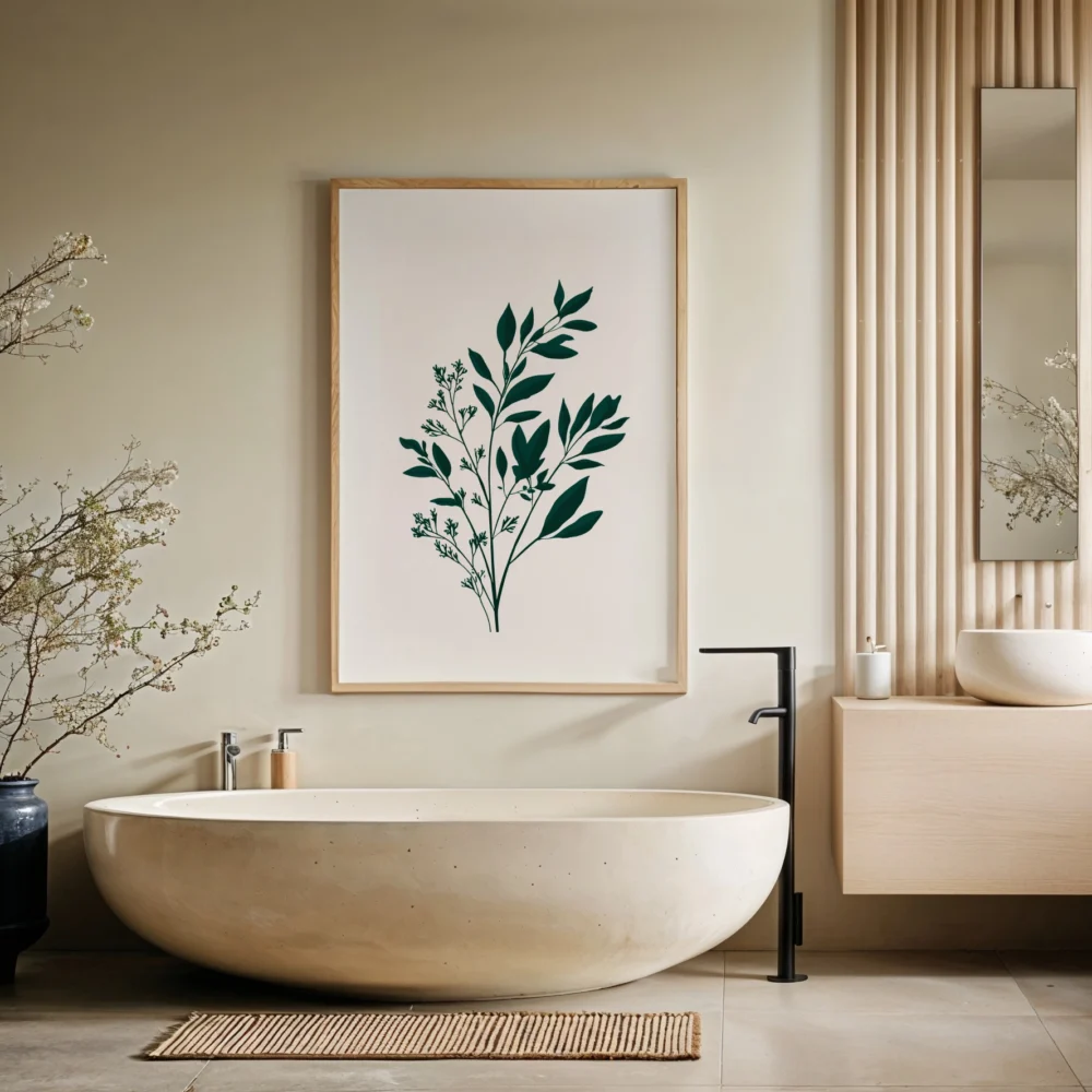 Framed art print of a dark green botanical sprig on a light background, displayed on a wall above a modern freestanding beige bathtub in a serene minimalist bathroom.