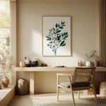 Framed art print featuring a dark green botanical sprig on a light background, displayed on a wall above a wooden desk and chair in a bright, minimalist home office setting.