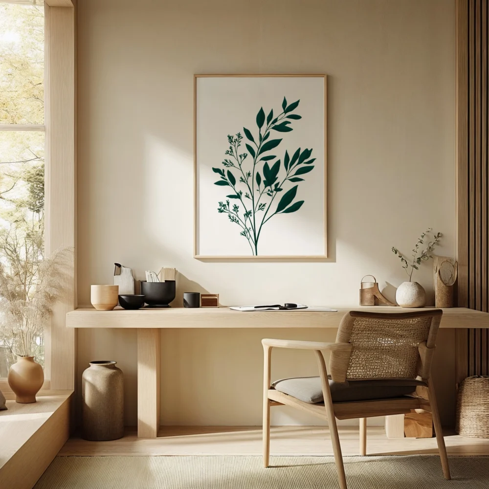 Framed art print featuring a dark green botanical sprig on a light background, displayed on a wall above a wooden desk and chair in a bright, minimalist home office setting.