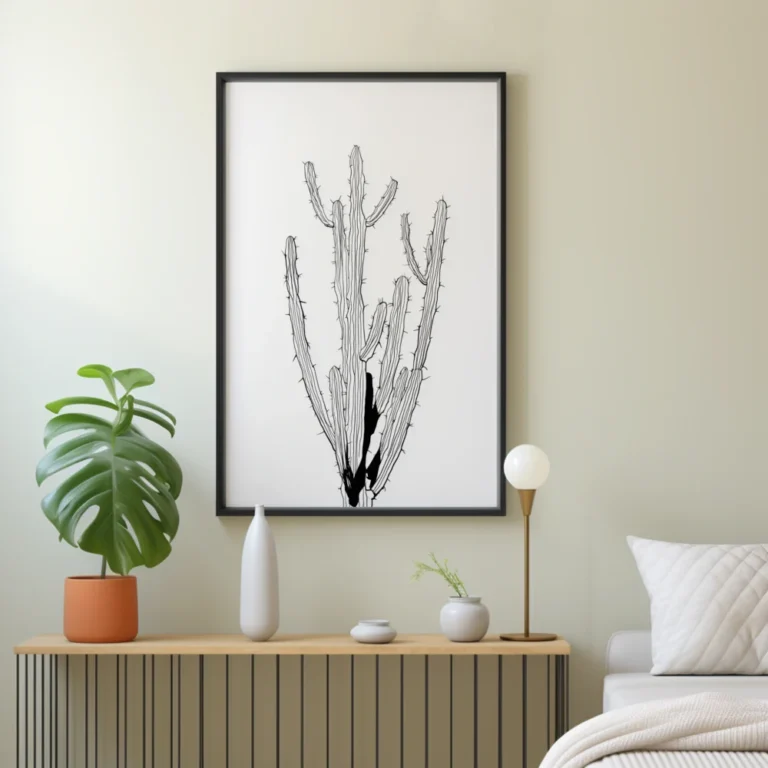 Black and white minimalist cactus print in a sleek black frame, displayed above a modern white sideboard with a green plant in a bedroom.