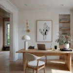 Framed minimalist line art drawing of a cactus with black accents, displayed on a light wall above a wooden desk with a laptop and lamp in a modern home office.