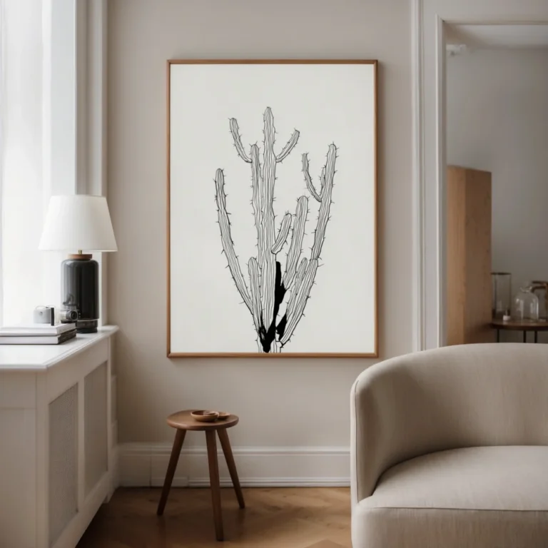 Monochrome minimalist cactus line drawing framed art, displayed above a side table with a lamp and armchair in a cozy living room reading nook.