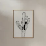 Framed black and white minimalist line art of a cactus with black details, hung on a plain, neutral-colored wall, ideal for contemporary decor.