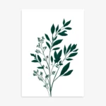 A crisp art print featuring a minimalist illustration of a delicate botanical sprig with dark green leaves and small details, set against a clean white background.