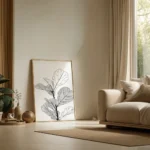 Large framed minimalist line art print of a fiddle leaf fig plant, leaning against a light wall next to a beige armchair in a sunlit living room.
