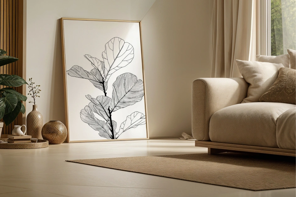 Minimalist fiddle leaf fig line art in neutral living room with floor decor.
