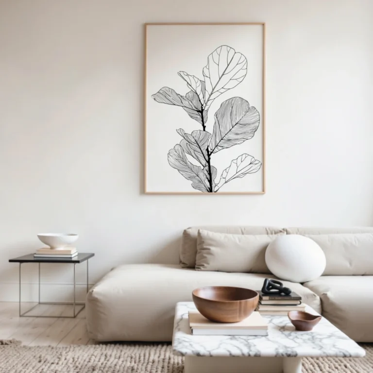 Minimalist framed line art print of a fiddle leaf fig, displayed above a light-colored sectional sofa in a bright, neutral living room.