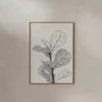 Minimalist framed line drawing of a fiddle leaf fig, displayed on a light-colored wall with subtle shadows, next to a white side table.