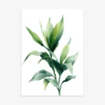 Watercolor art print featuring a tall, slender green leafy plant branch with vibrant green and light highlights, on a clean white background.