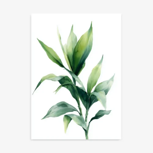 Watercolor art print featuring a tall, slender green leafy plant branch with vibrant green and light highlights, on a clean white background.