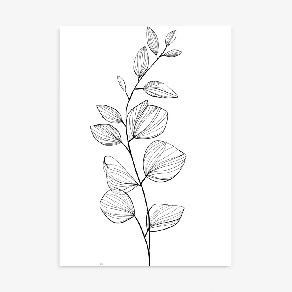 Detailed black and white minimalist line art drawing of a graceful botanical sprig with several round leaves, featuring fine line shading on a clean white background.