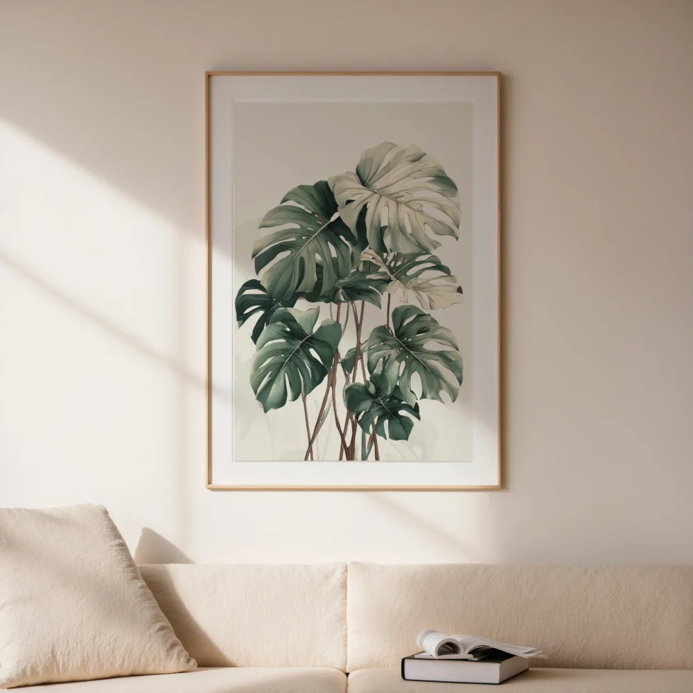 Framed art print of a Monstera plant, hung on a light-colored wall above a clean, neutral-toned sofa with pillows and books, enhancing a modern living room.