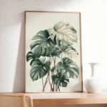 Framed art print depicting a Monstera plant, placed on a light wooden console table with a white vase in a neutral-toned room, possibly a bedroom or hallway.