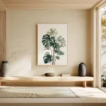 Framed botanical art print of a Monstera plant, displayed on a light wall in a minimalist, serene entrance meditation space with a low platform console.