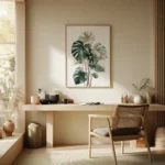 Framed art print featuring a lush Monstera plant, displayed on a light wall above a wooden desk and chair in a minimalist home office or dining room setting.