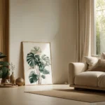 Large framed art print of a realistic Monstera plant with muted green leaves, leaning on the floor against a light wall next to a beige armchair in a bright living room.