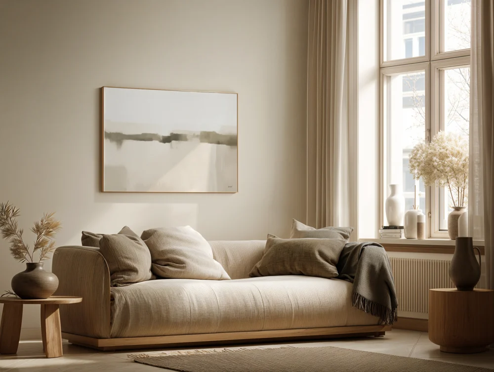 Minimalist neutral interior design with clean lines and natural light.