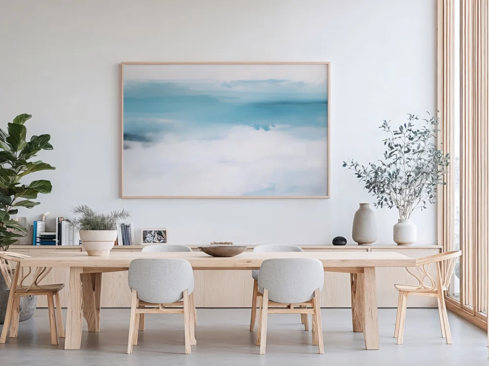 Modern Nordic abstract wall art hanging in a contemporary dining room.
