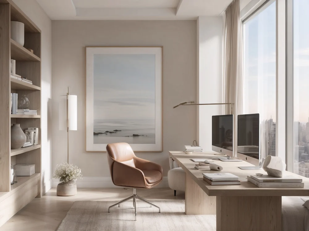 Nordic design office interior with minimalist landscape wall art.