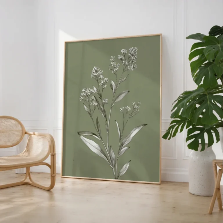 Large framed botanical illustration of a white-flowered plant on an olive green background, leaning on the floor against a white wall next to a wicker chair and a large potted monstera plant.