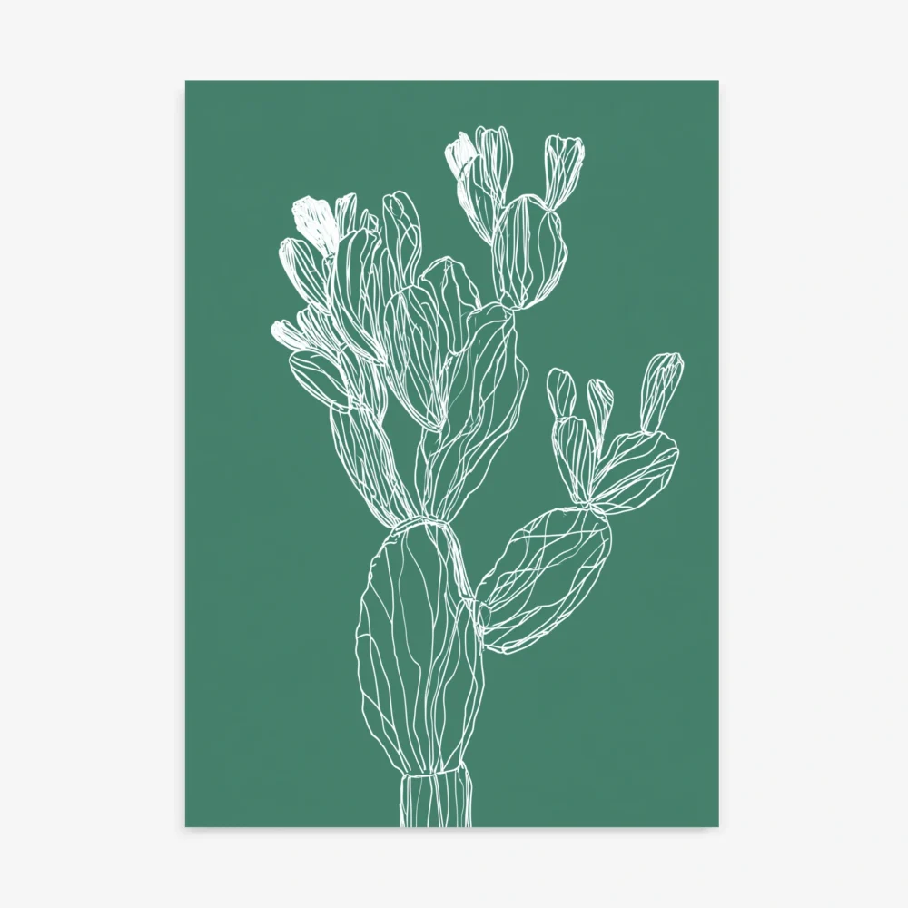 Minimalist white line art drawing of a prickly pear cactus with multiple pads and subtle internal lines, set against a solid emerald green background.