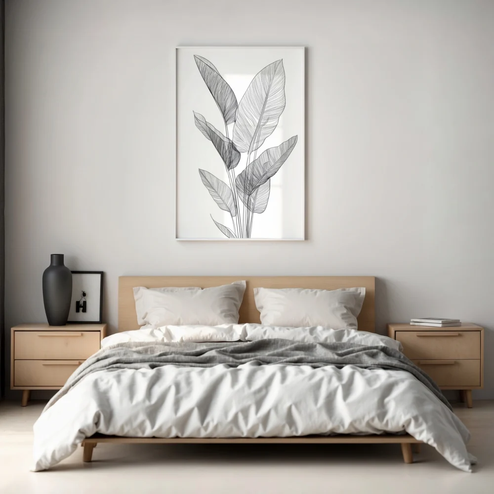 Minimalist black and white print of tropical leaves, hung above a light wooden bed with white bedding in a serene, neutral-toned bedroom.