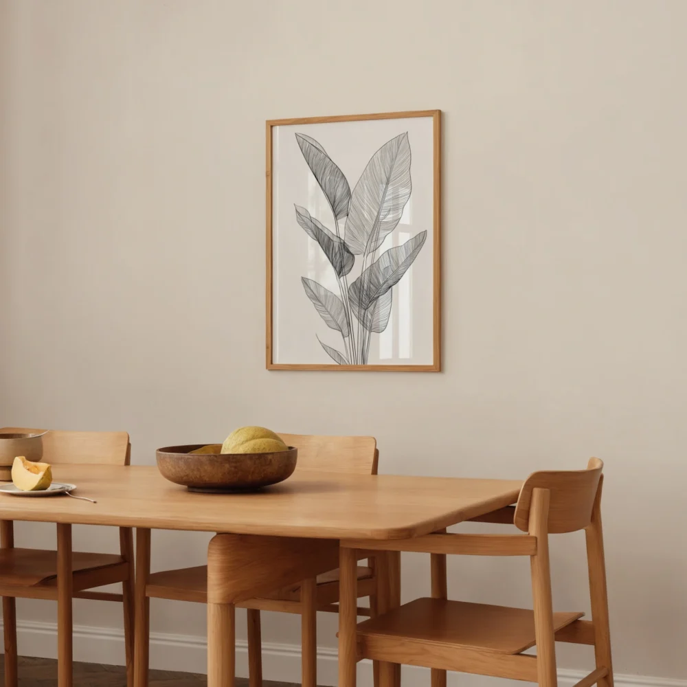 Framed black and white tropical leaf line art print, adorning a light-colored wall in a bright and airy dining area with simple wooden furniture.