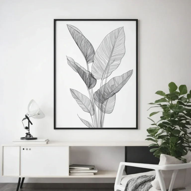 Black framed print of black and white tropical leaf line art, hung above a white sideboard with a green plant in a contemporary living room.