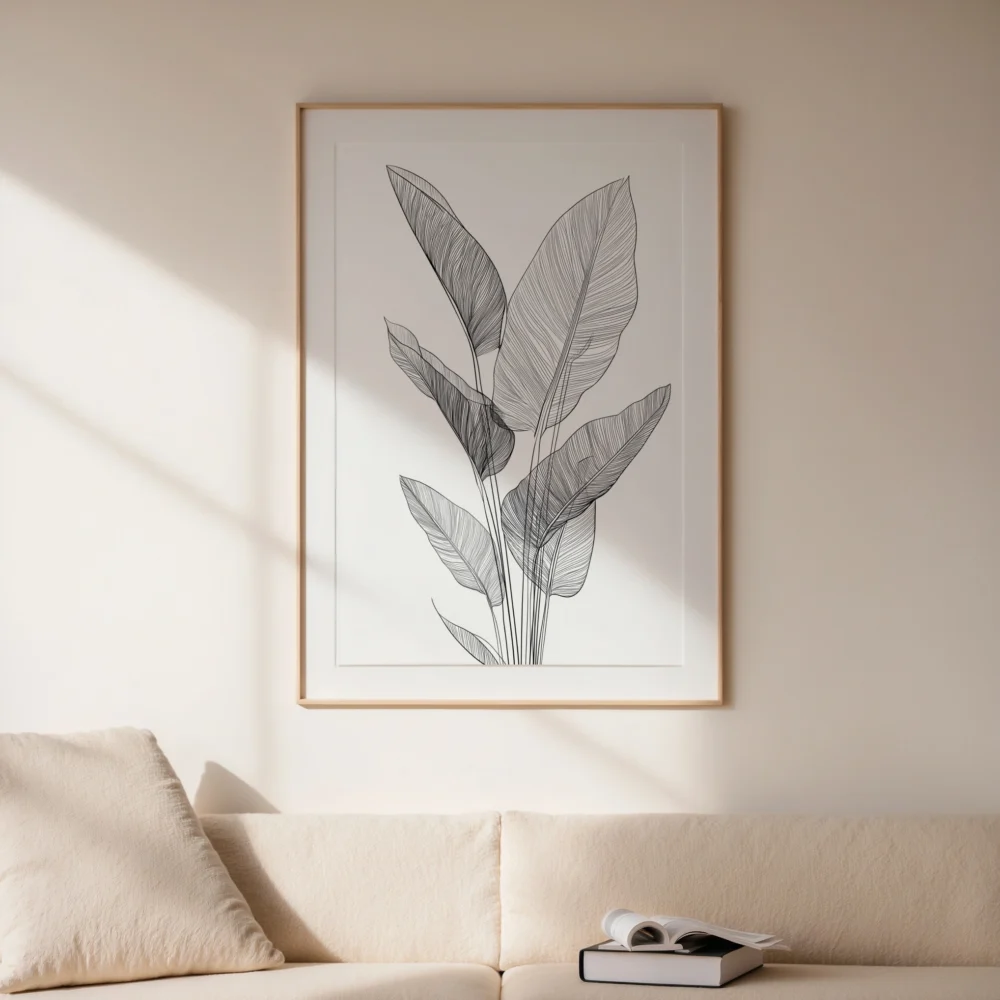 Large framed print of black and white Bird of Paradise leaf line art, leaning against a neutral wall above a beige sofa in a softly lit living room.