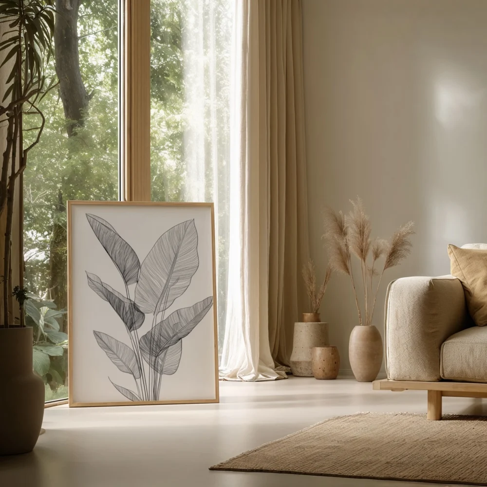 Large framed print of black and white tropical leaf line art