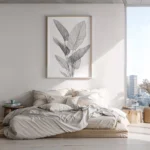 Minimalist black and white line art print of large tropical leaves, displayed on a wall above a bed in a bright, modern bedroom with a large window overlooking a city skyline.
