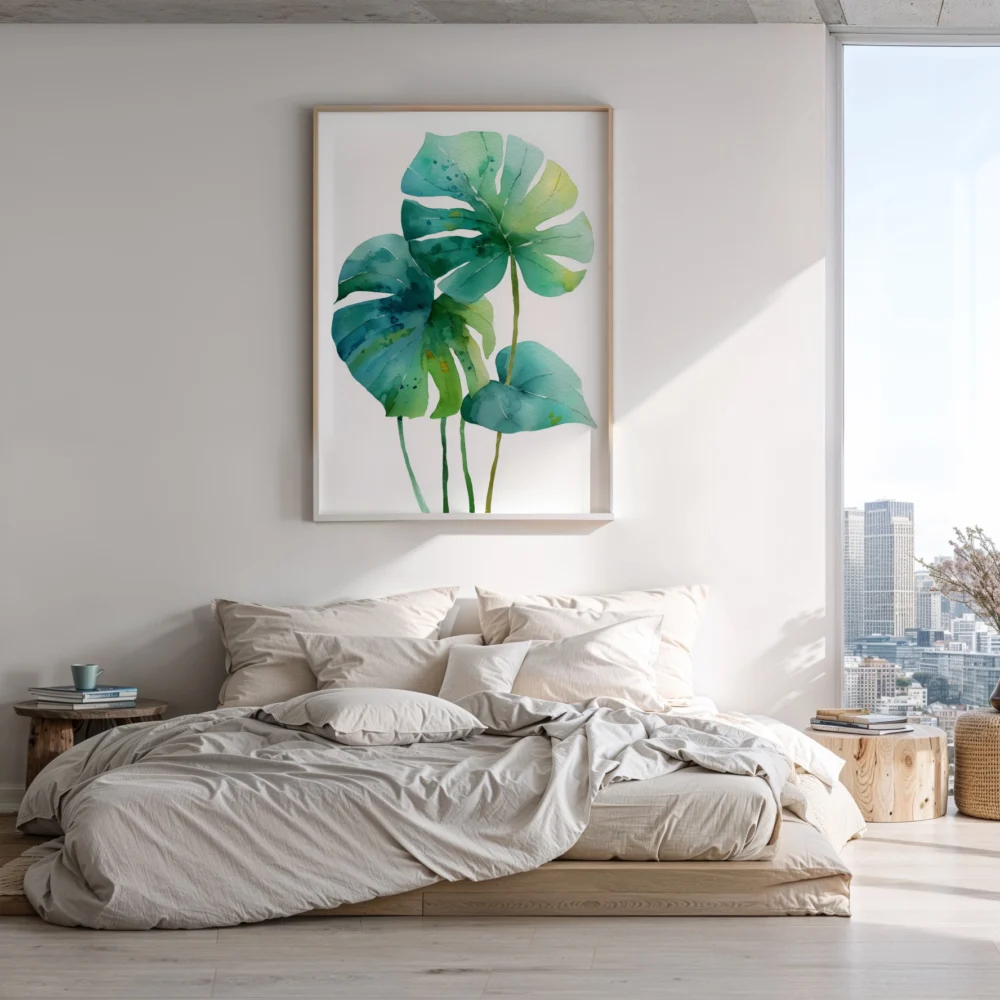 Framed watercolor art print of monstera leaves in shades of green and blue, hung on a white wall above a bed in a sunlit modern bedroom with city views.