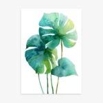 Vibrant watercolor painting of three monstera leaves in shades of teal, blue, and lime green with abstract splatters, on a white background.