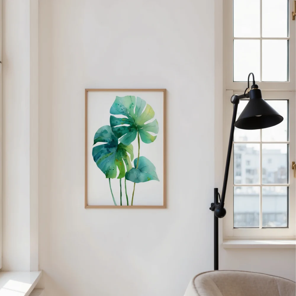 Framed watercolor art print of green and blue monstera leaves, hung on a white wall next to a large window and a black floor lamp in a minimalist room.