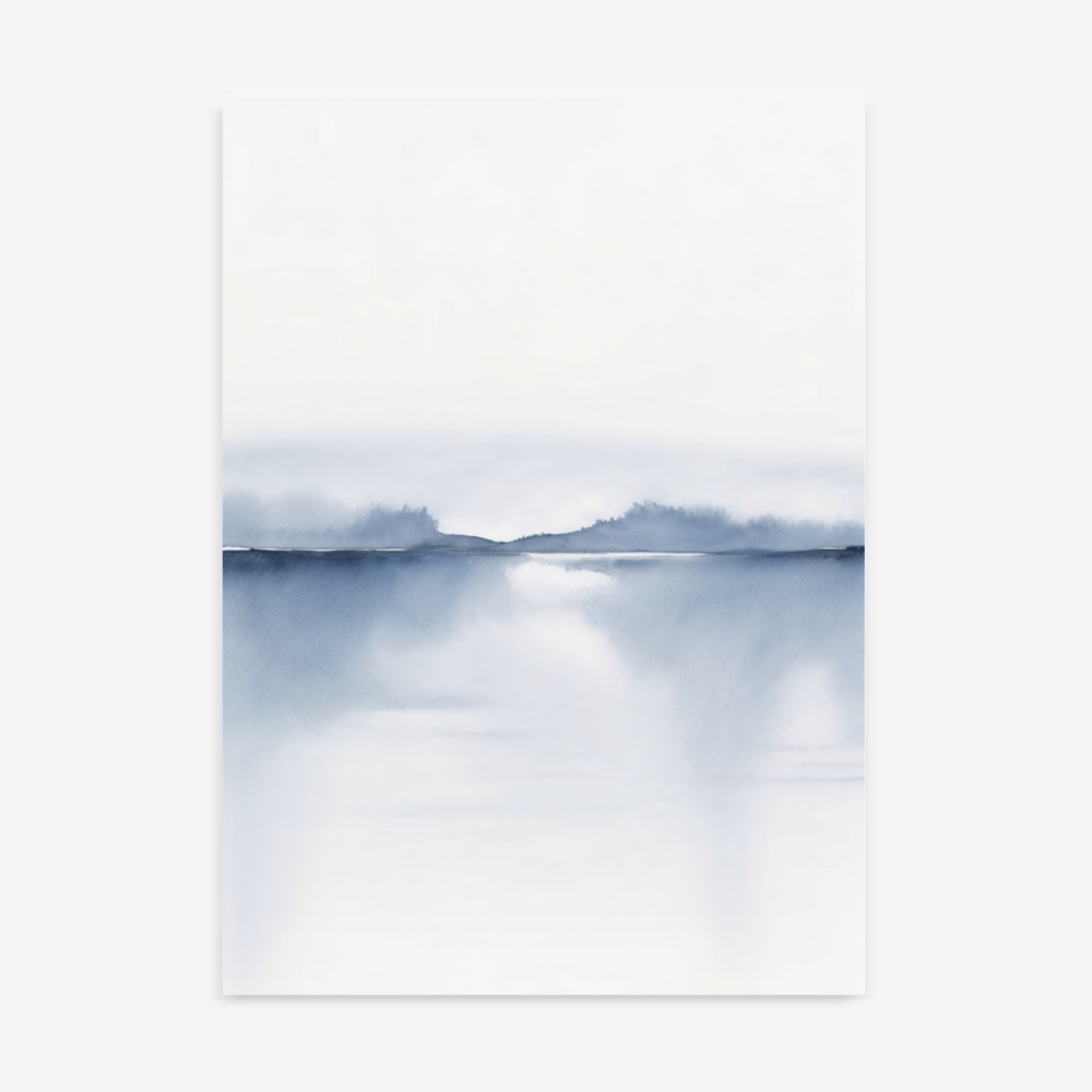 Soft blue watercolor painting showing misty mountains reflected in calm lake water with cloudy sky above