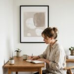 Framed beige organic abstract wall art print contemporary home office decor